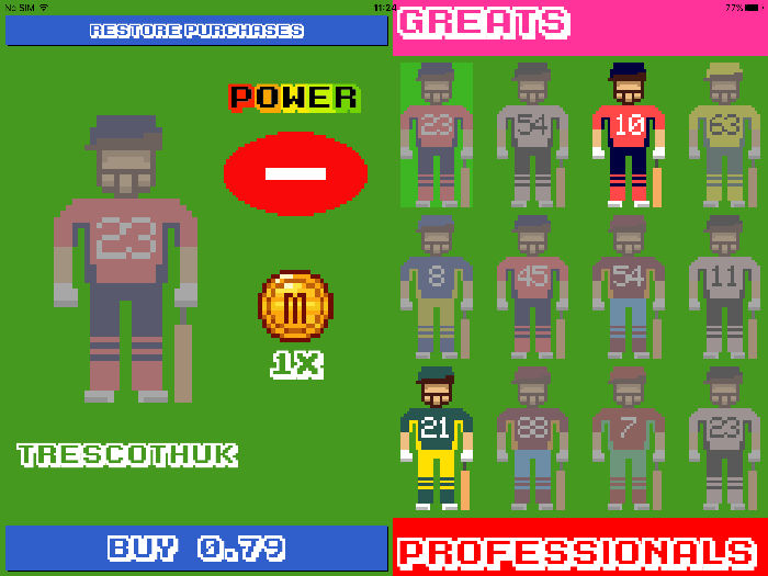 A screenshot showing players to earn and buy in the retro themed iOS game Flicky Cricket.