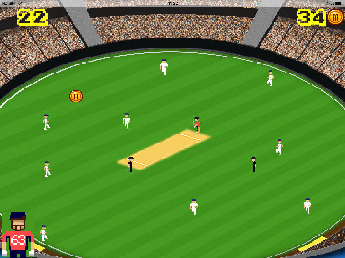 A screenshot from the iOS retro game Flicky Cricket.