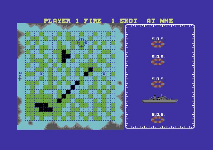 A screenshot from the C64 version of Battleships.