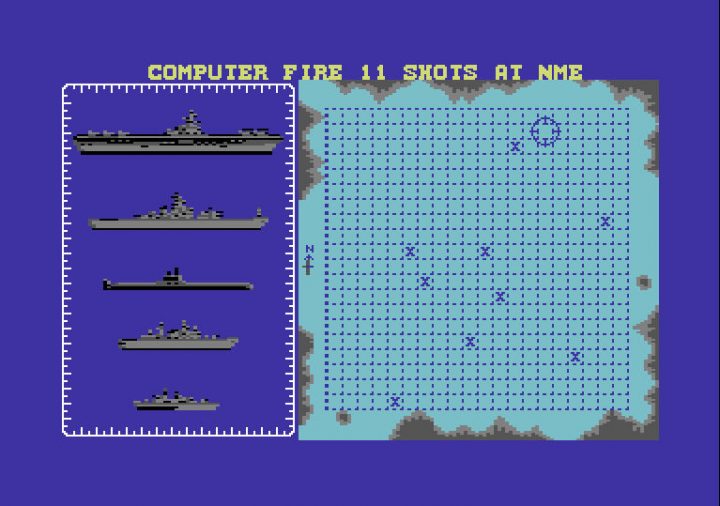 A screenshot from the Commodore 64 game Battleships.