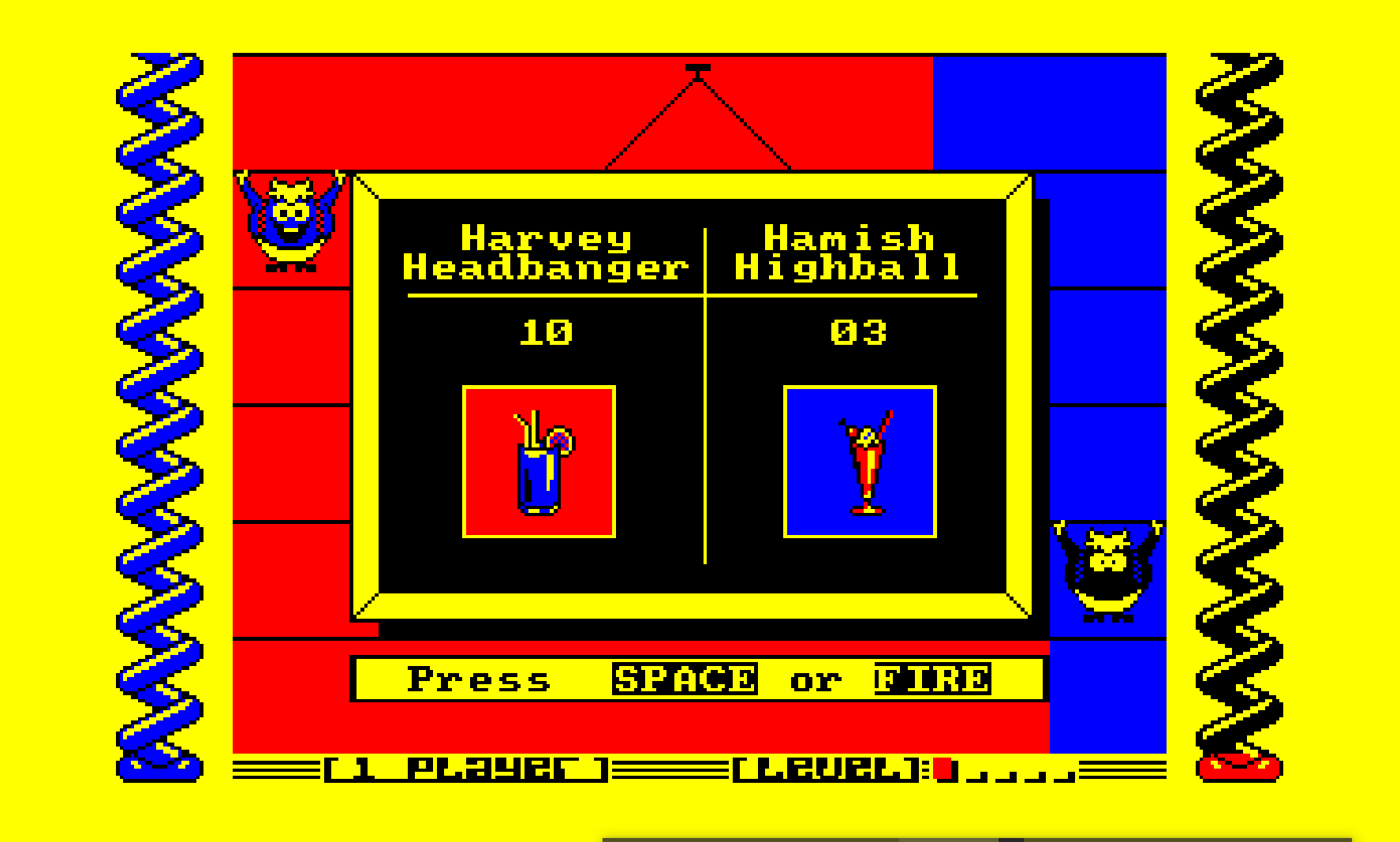 A screen shot from the Amstrad CPC version of Harvey Headbanger.