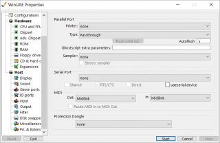 A screenshot of WinUAE showing the MIDI interface selection.